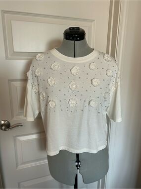 J. Crew White Cropped Floral Appliqué Tee
